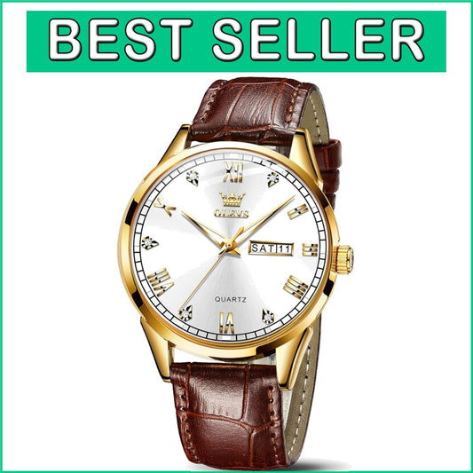 Elegant 39mm Brown Leather Dress Watch with Gold Case & Waterproof Feature