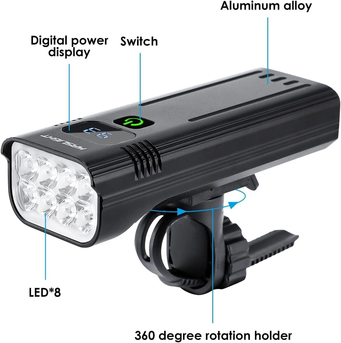 Waterproof Bike Headlight with Digital Display & 10000mAh Battery - 5 Modes