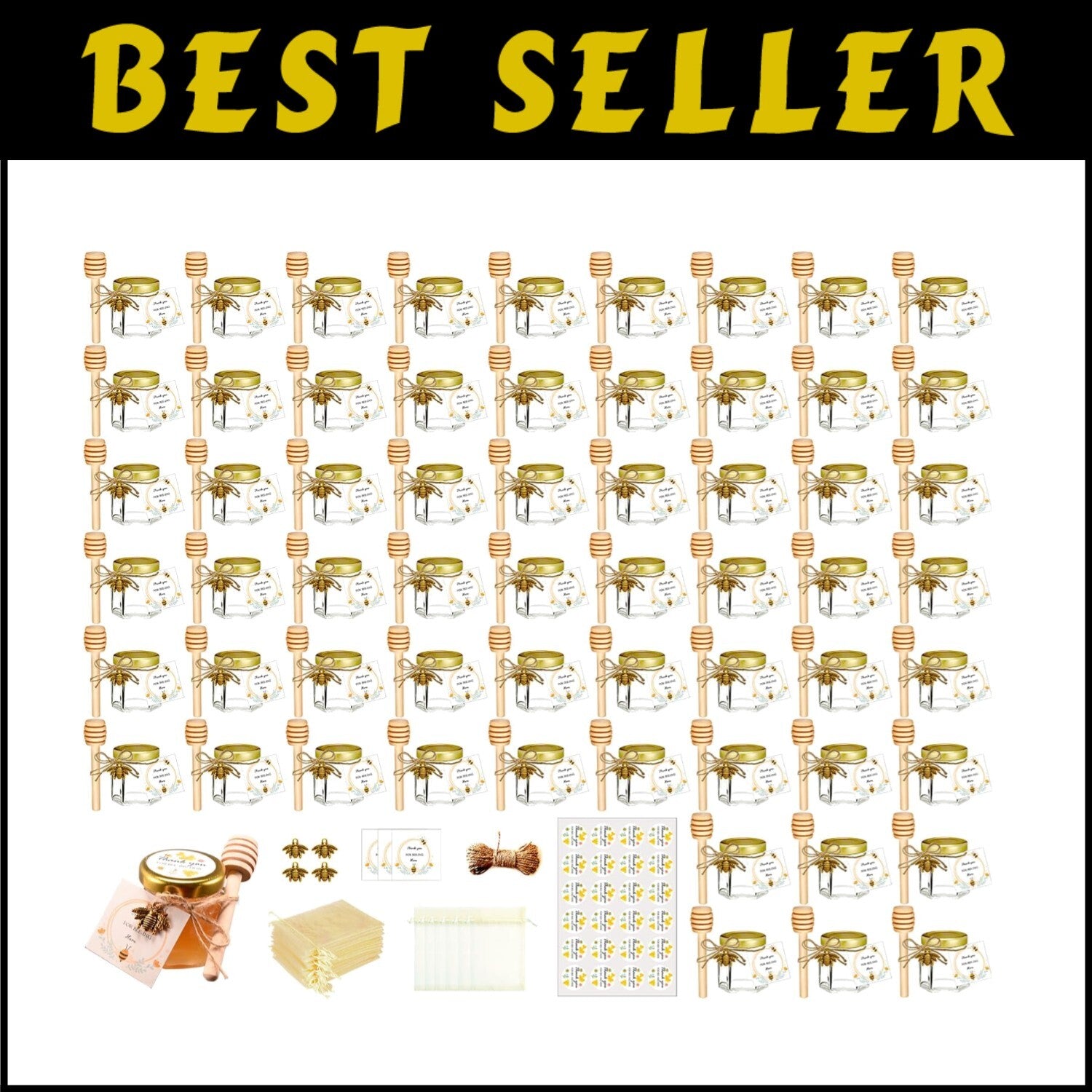 60-Pack Mini Honey Jars with Wood Dippers – Perfect Wedding & Baby Shower Favors