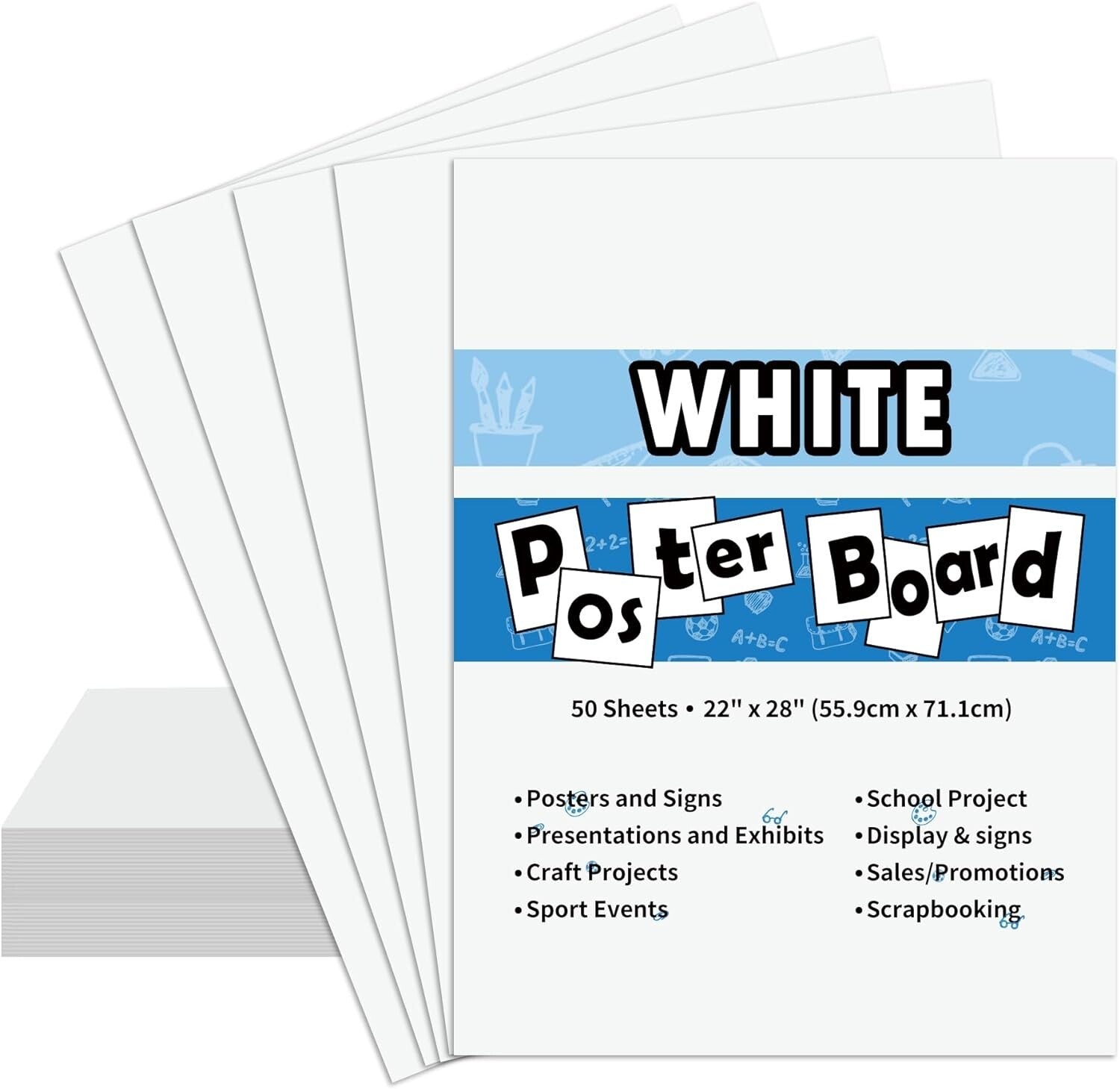 Economical Bulk Poster Board 22"x28" - 50 Sheets of White Paper for Crafts