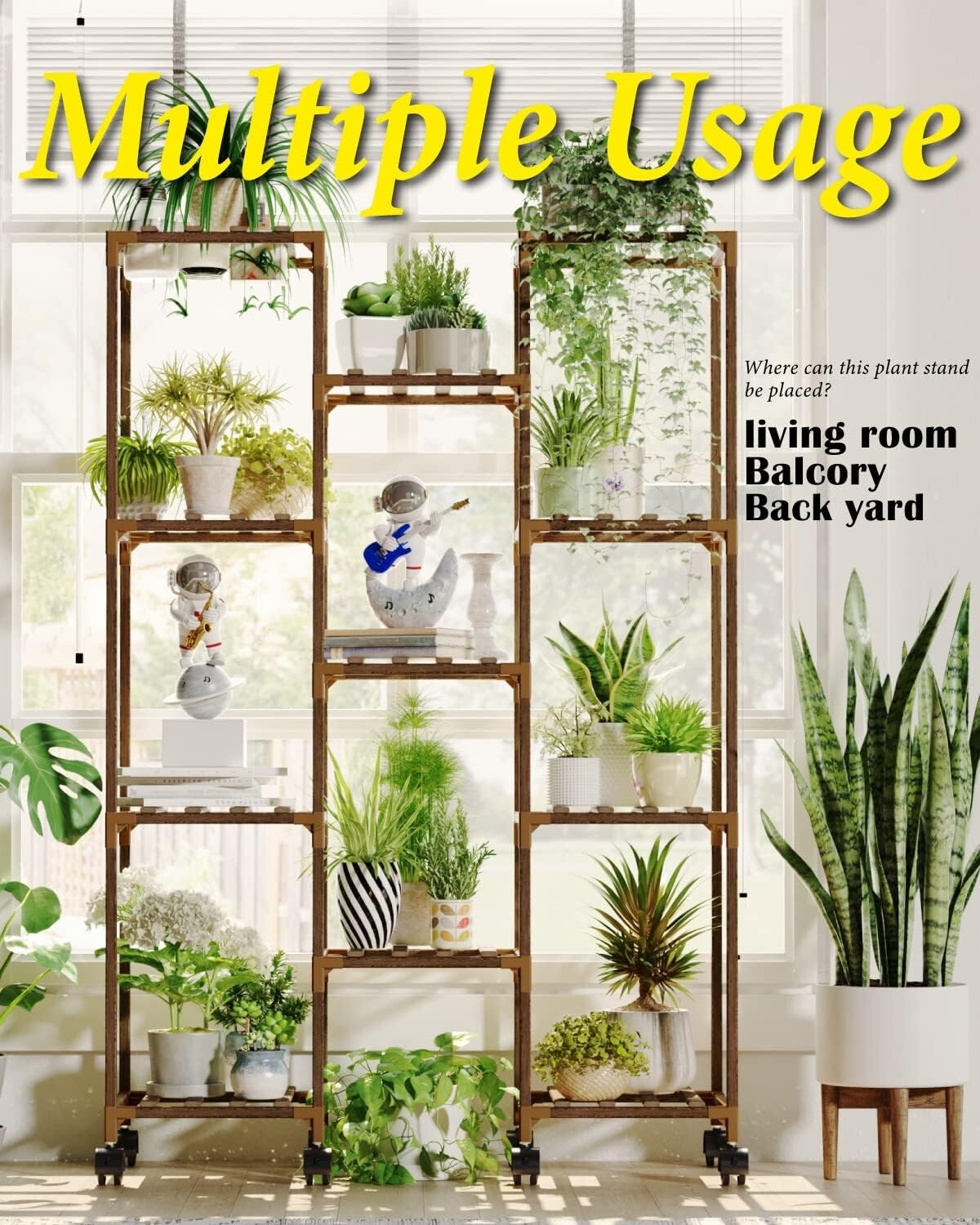 Carbonized Wood Plant Stand with Wheels - Holds 11-25 Pots for Versatile Display