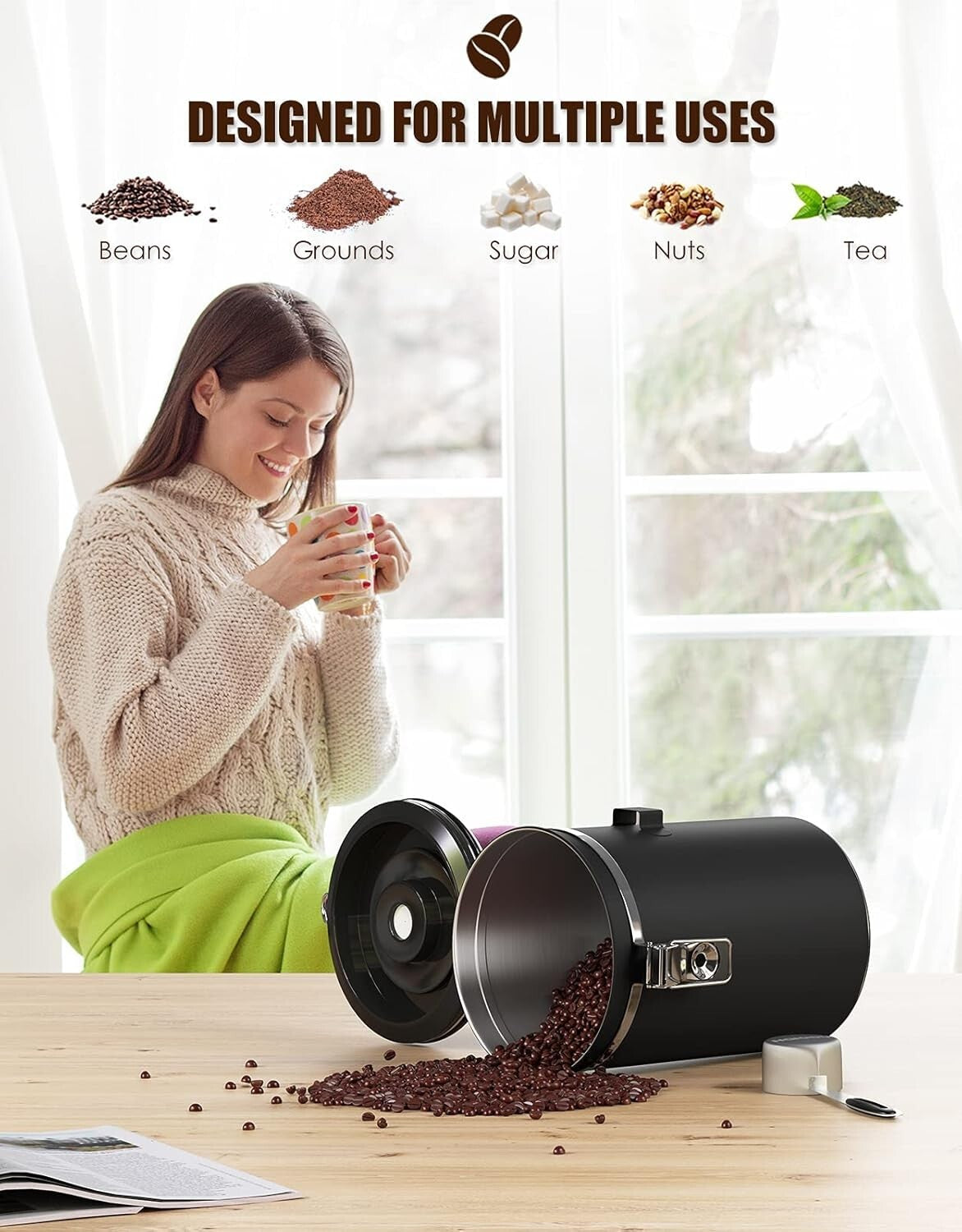 Airtight Coffee Canister Set, 22oz + 16oz with CO2 Valves & Date Tracker - Black