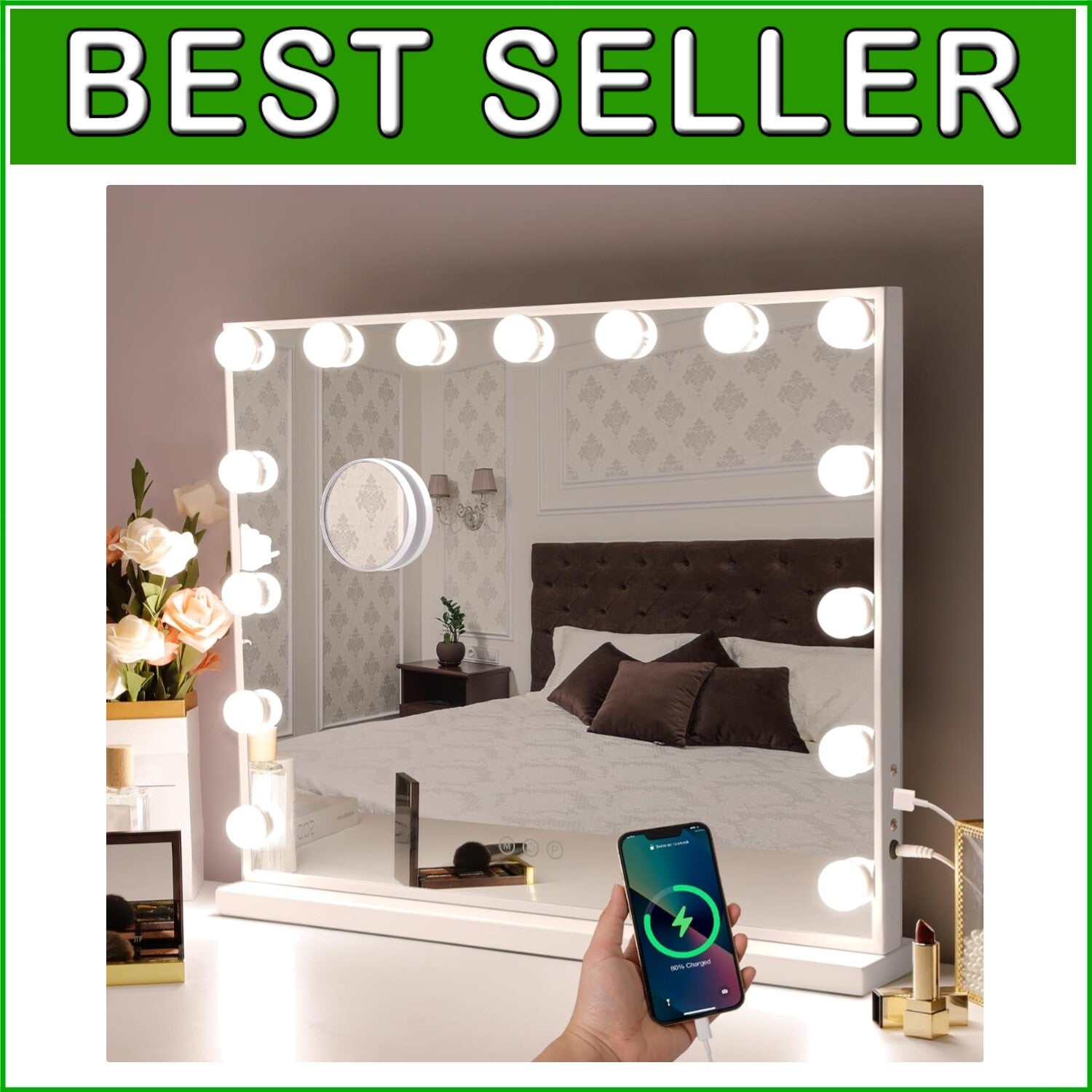 LED Lighted Makeup Mirror 22''x18'' with 10X Magnification & 3 Color Settings