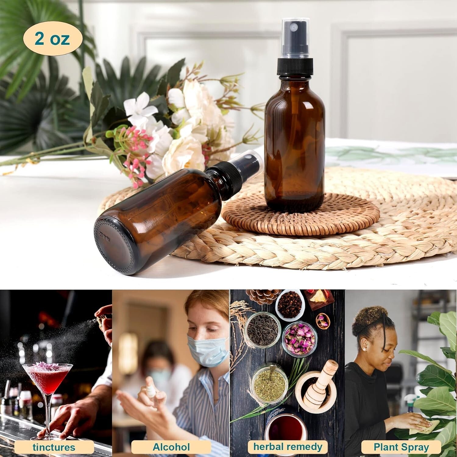 Leaking-Proof 2oz Glass Spray Bottles Set of 48 for Skin Care & Cleaning