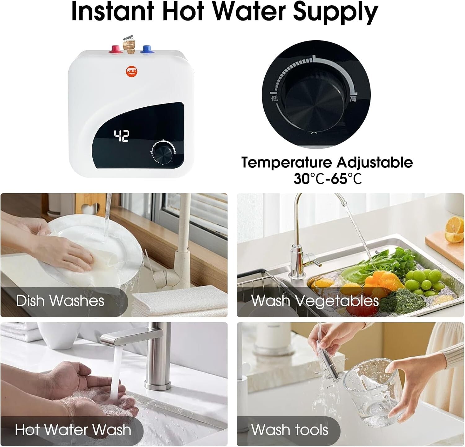 2.7 Gallon Stainless Steel Electric Water Heater with Adjustable Thermostat