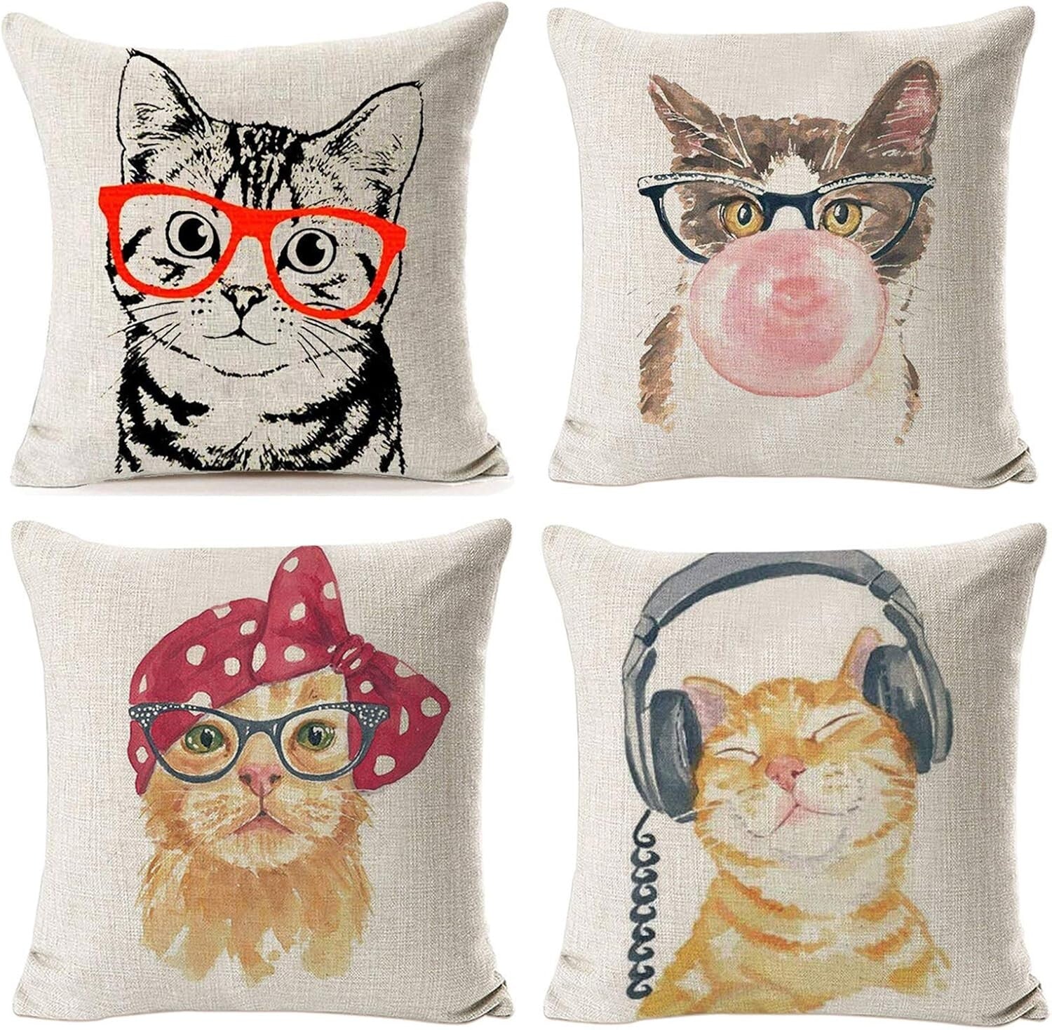 Creative Cat-Themed Decorative Pillow Covers, 4 Pack 18" x 18" Zippered Design