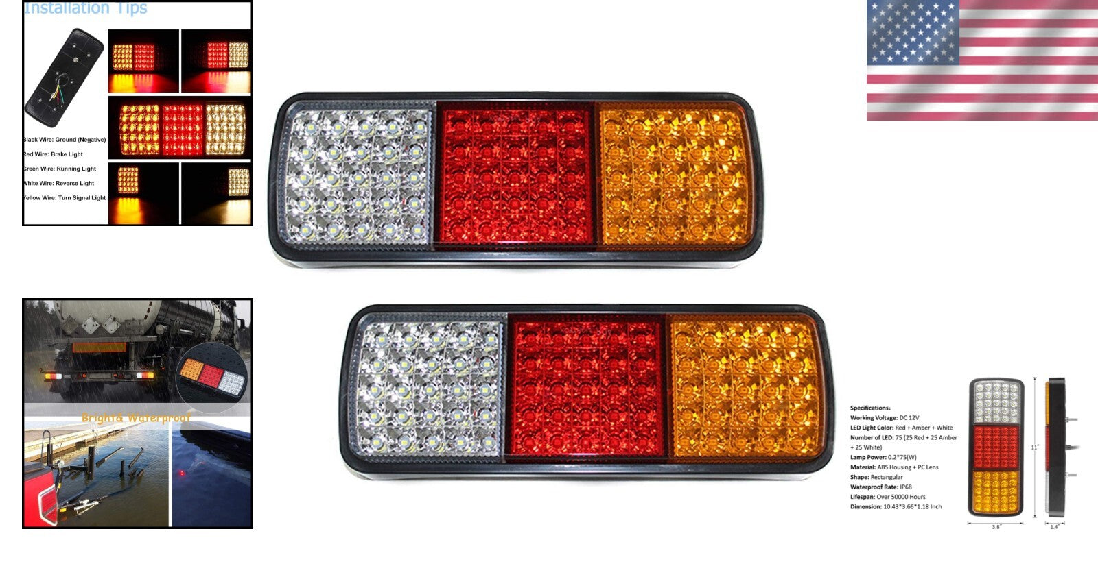 Multi-Function 75 LED Waterproof Trailer Lights - Brake, Tail, Signal Lights Set