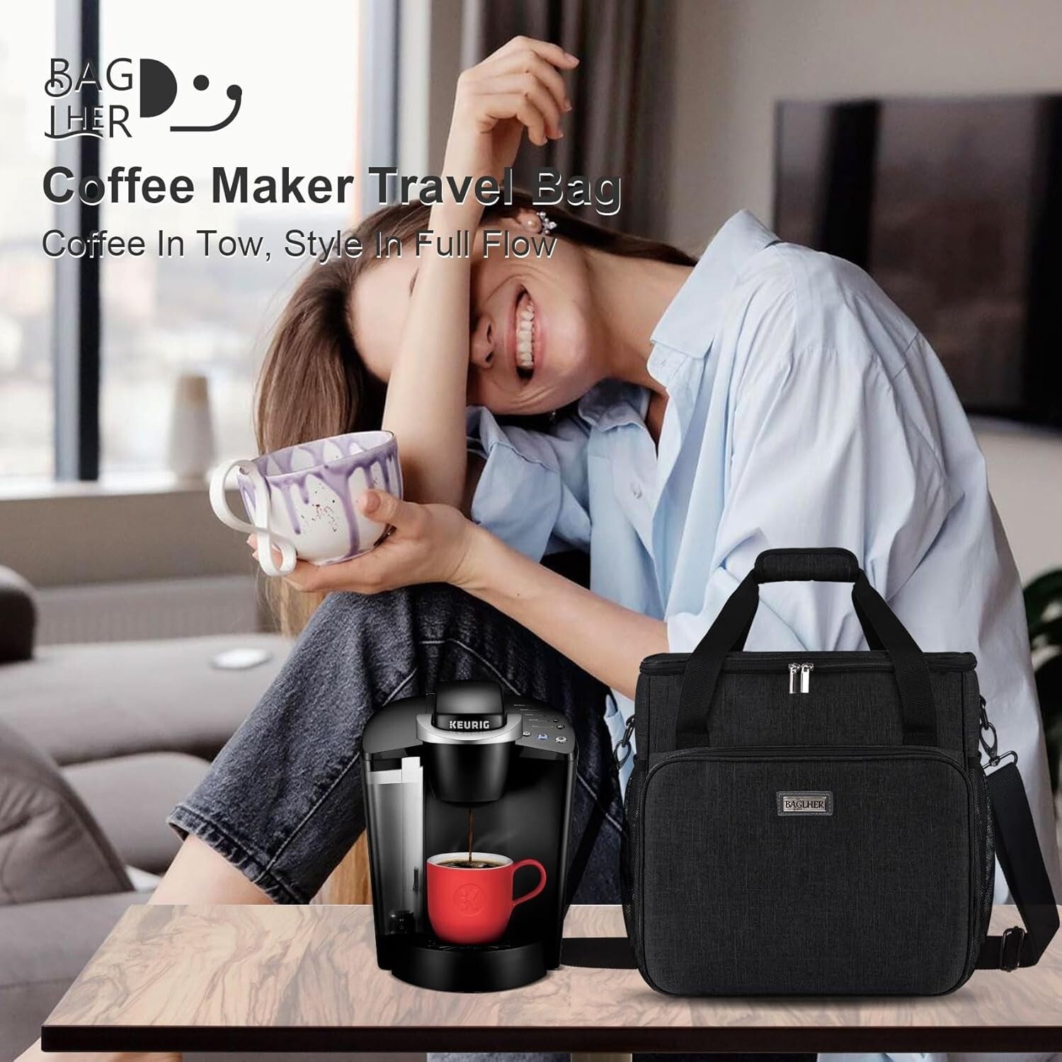 Black Coffee Maker Case with Multi-Pockets for Easy Travel - Fits Keurig Models