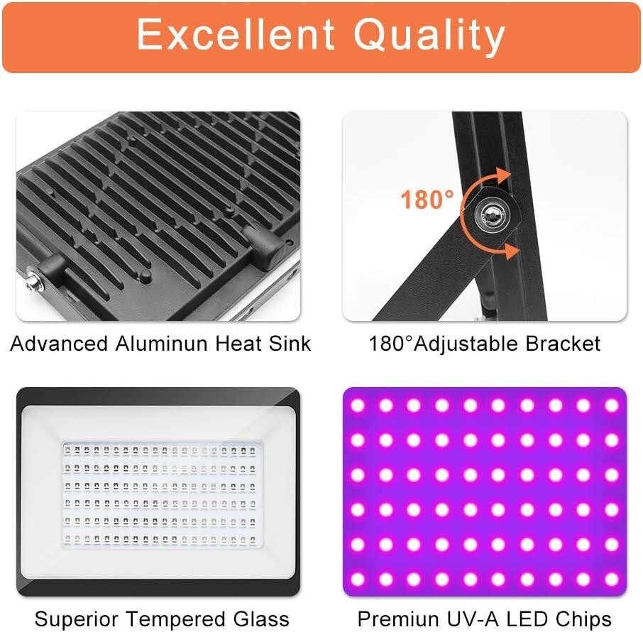 2 Pack 30W Waterproof UV Black Lights with Adjustable 180° Design for Parties