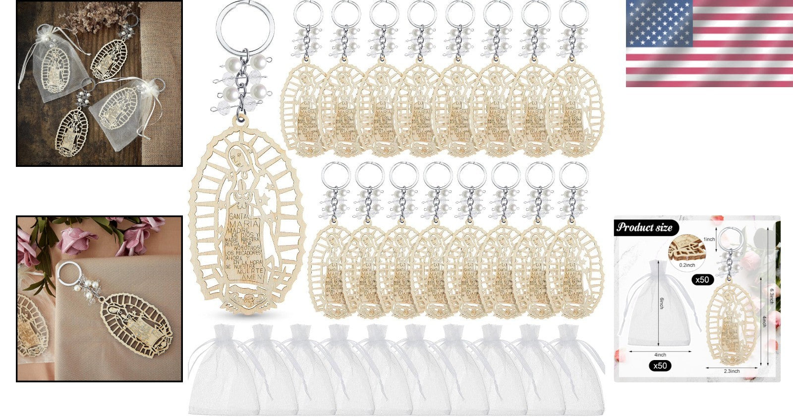Set of 50 Our Lady of Guadalupe Wood Keychains in Organza Bags for Baptism