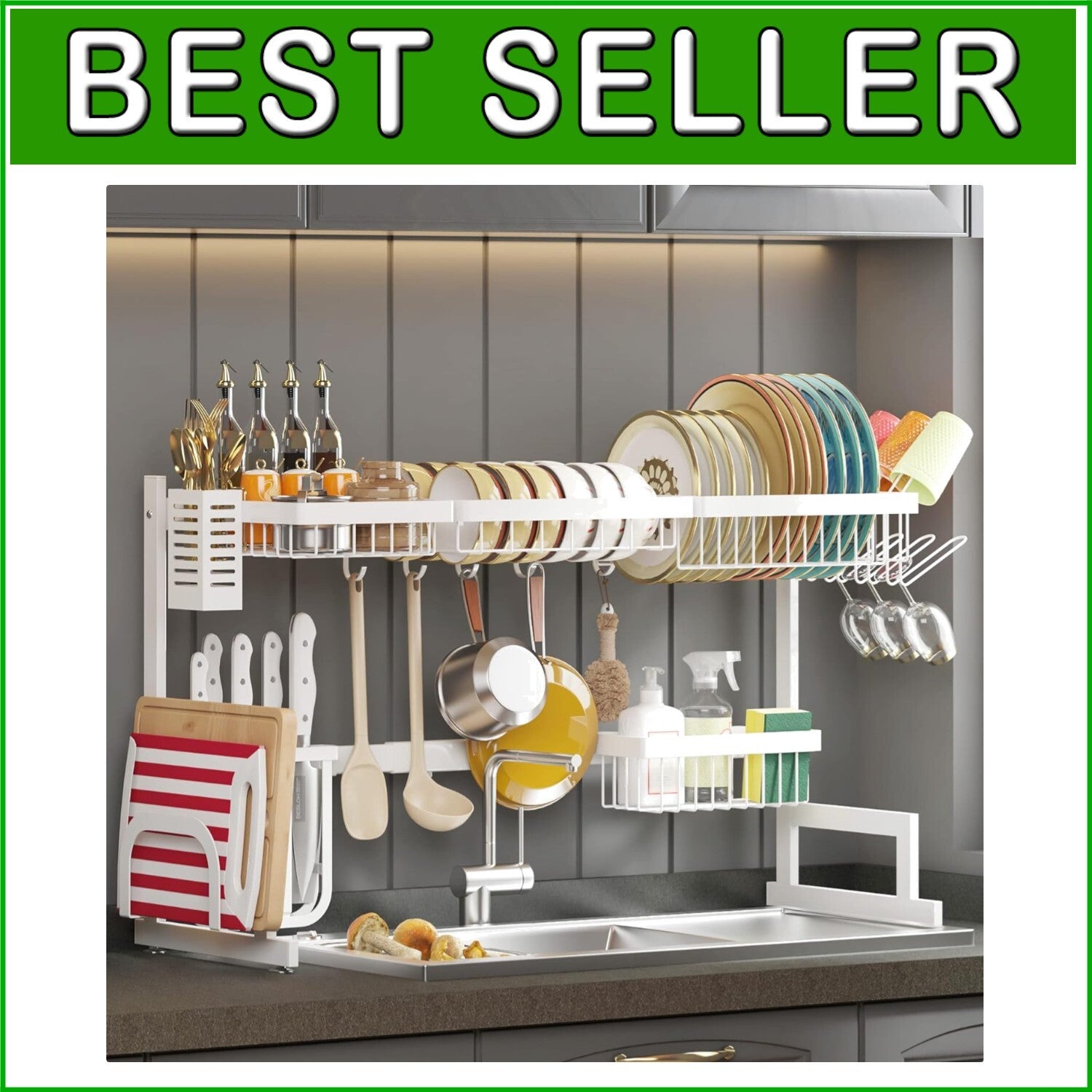 Adjustable Over Sink Dish Drying Rack - Stainless Steel 2-Tier Kitchen Organizer