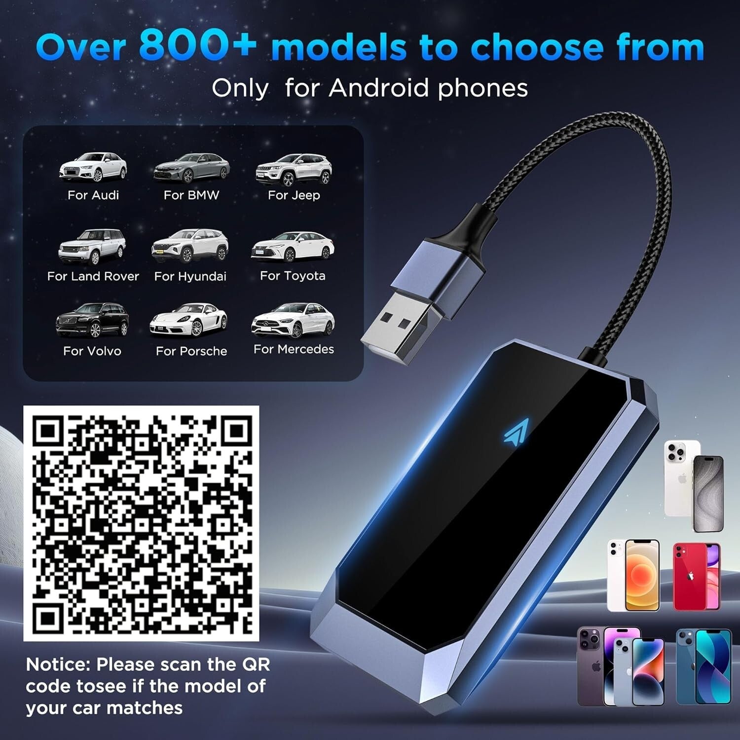 Plug-and-Play Wireless Adapter for Android Auto - Compatible with 800+ Cars