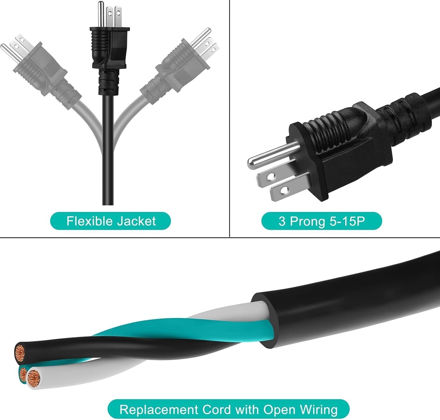 Versatile 15 FT 20 Amp Replacement Power Cord - Ideal for DIY and Appliance Use