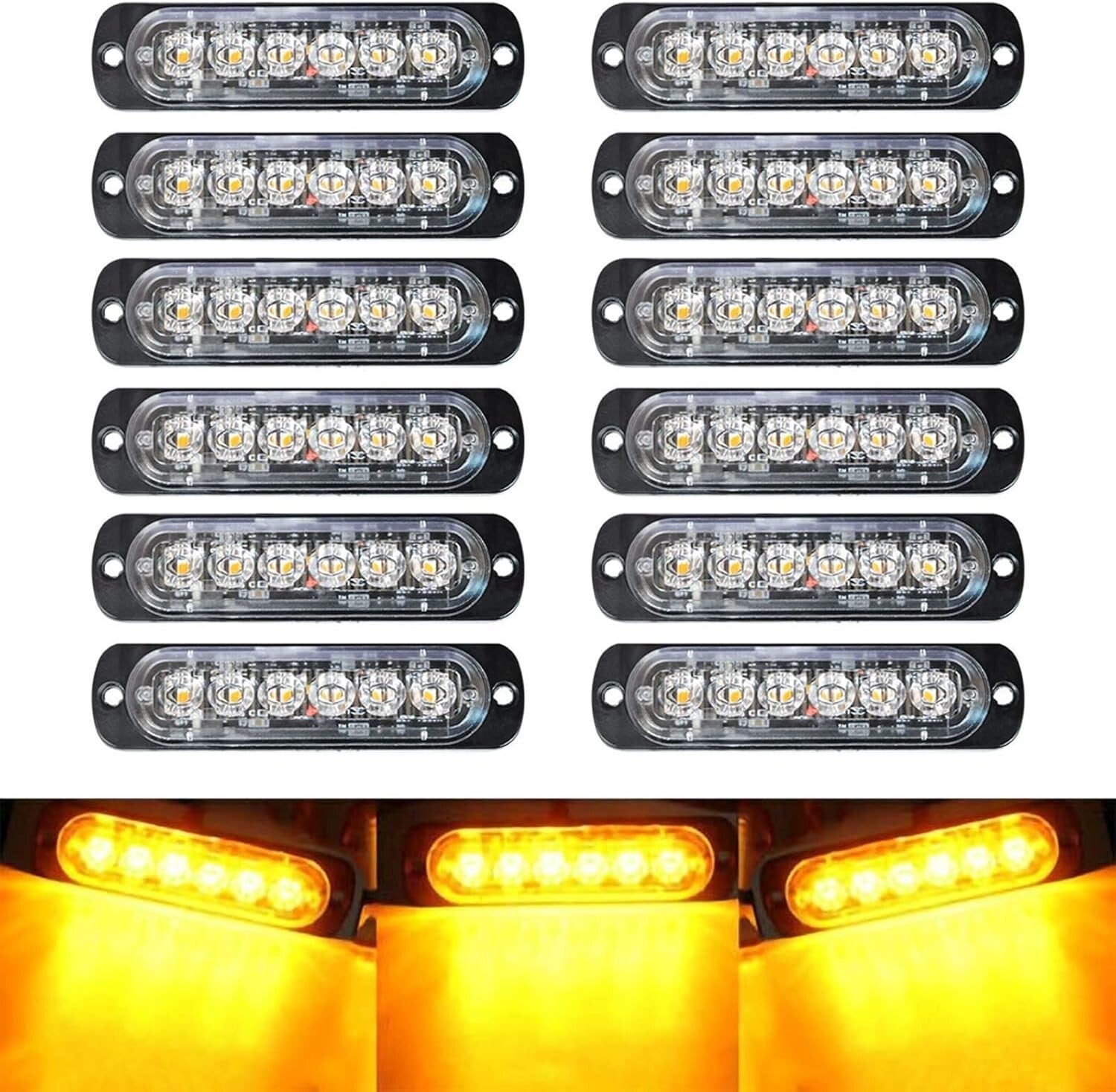 Multi-Pattern Amber Strobe Lights Kit - 12 Waterproof LEDs for All Vehicles