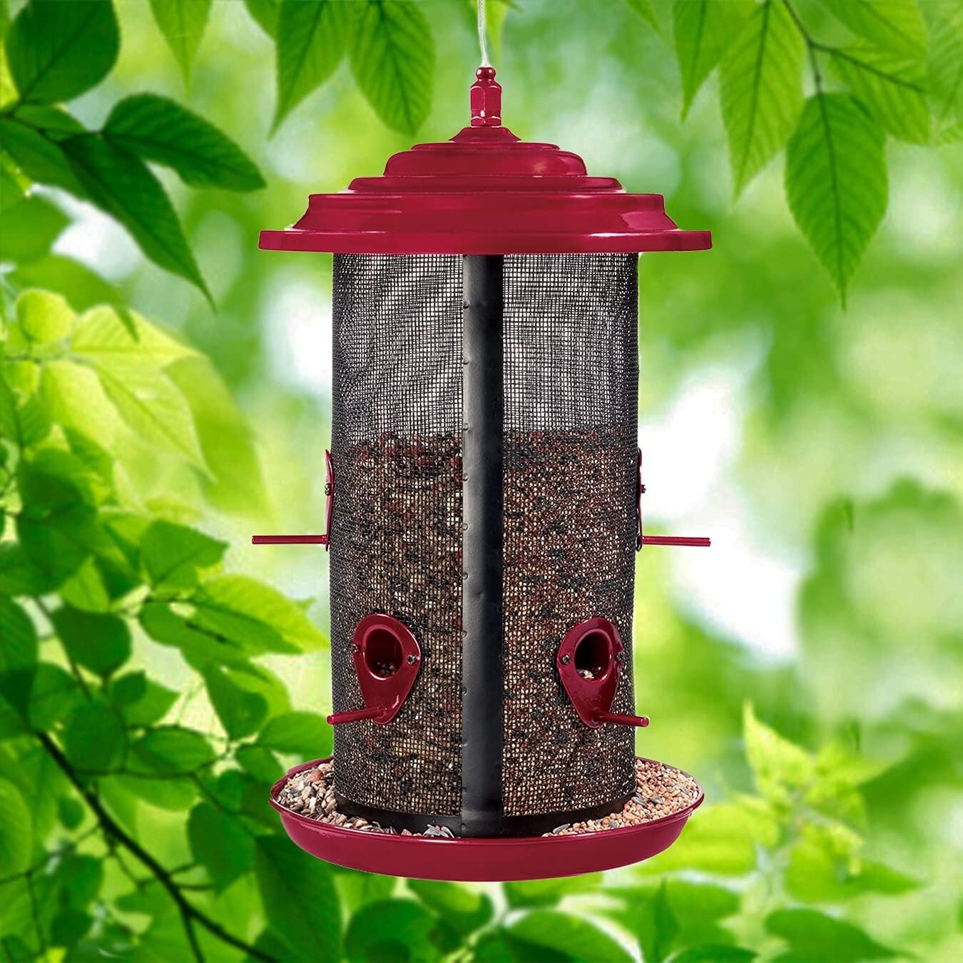 Durable Hanging Bird Feeder with 2 Chambers and 8.5 lb Seed Capacity - Crimson