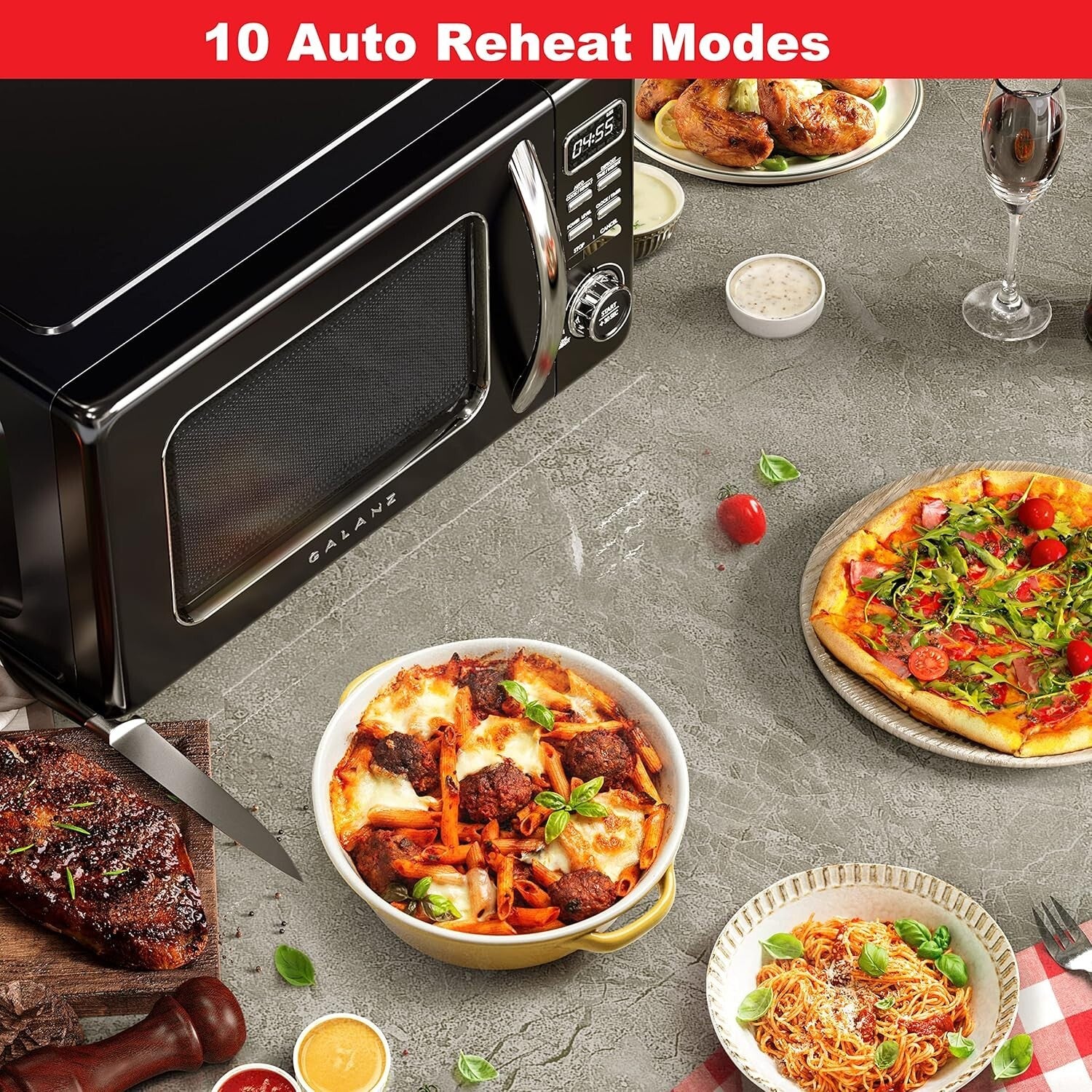 1.1 cu ft Retro Microwave with Auto Programs & Easy Clean Glass Turntable, Black