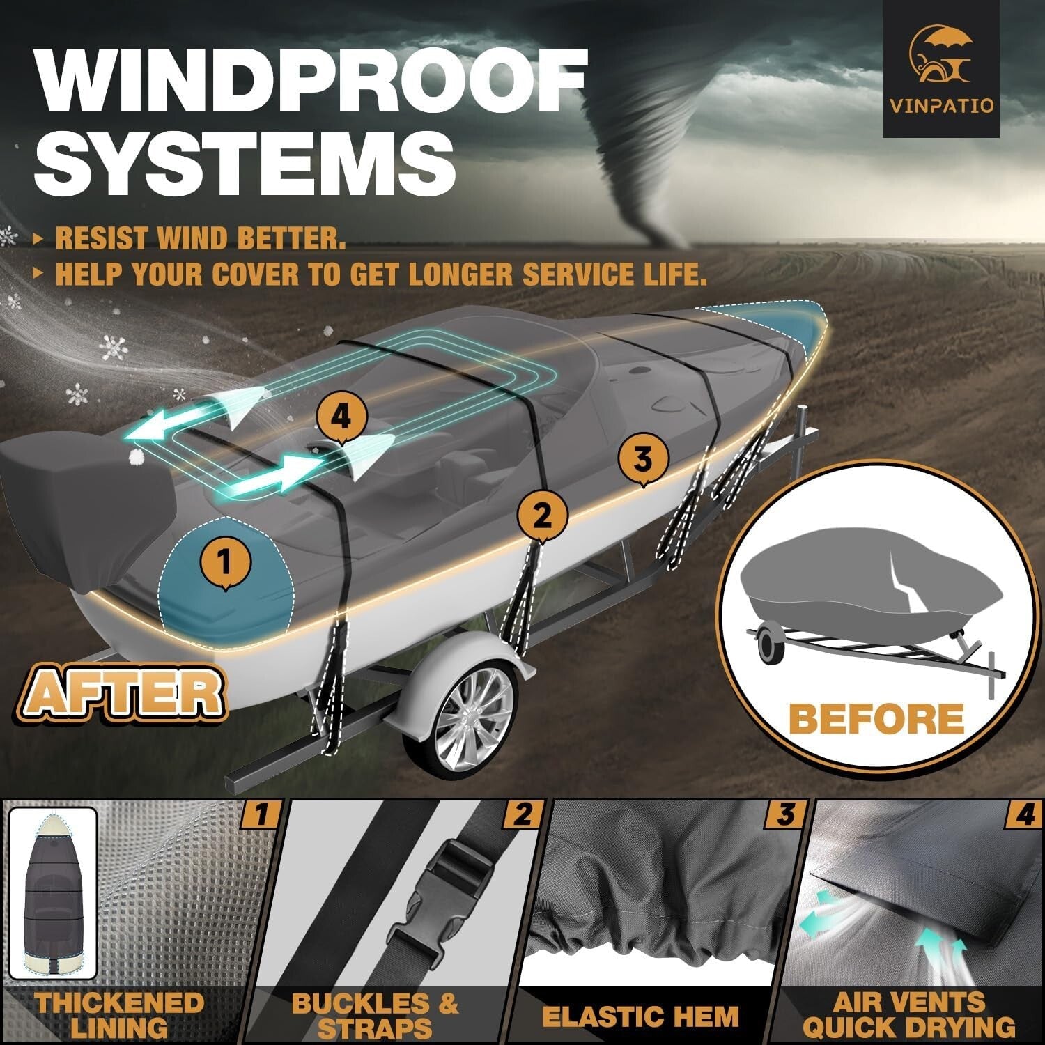 Durable Water-Resistant Boat Cover for 24-26 ft V-Hull Boats - 3 Year Warranty