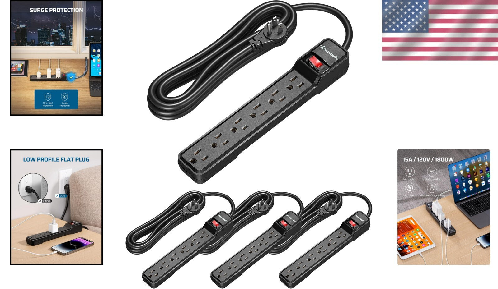 15FT Power Strip with 6 Outlets and Circuit Breaker - UL Listed Safety Features
