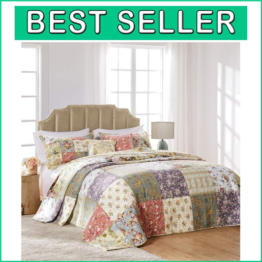Country Cottage 100% Cotton Patchwork Bedspread - Full Size with Floral Design