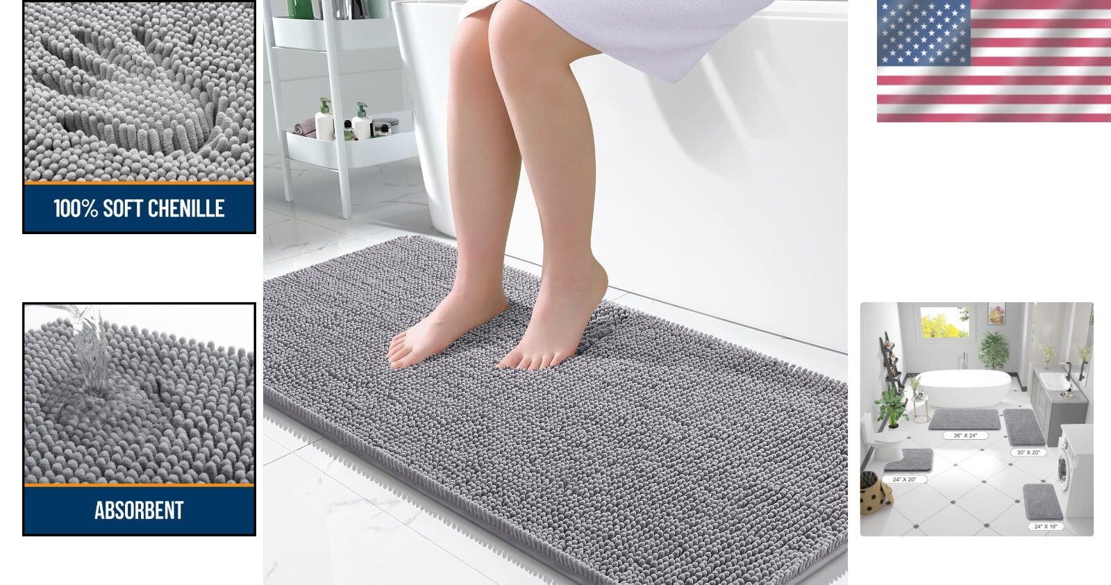 50x30 Grey Chenille Bath Mat - Extra Soft, Machine Washable with Rubber Backing