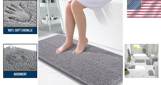 50x30 Grey Chenille Bath Mat - Extra Soft, Machine Washable with Rubber Backing