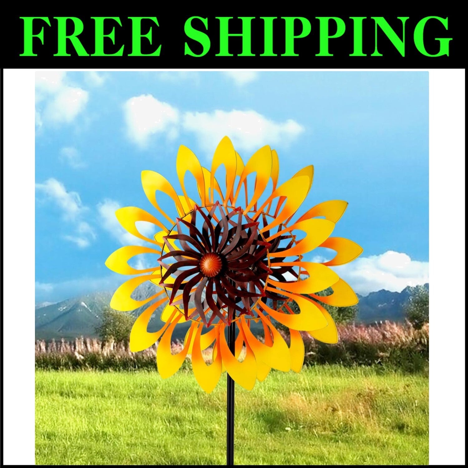 Large 76" Metal Sunflower Pinwheel with Double-Sided Fans for Outdoor Spaces