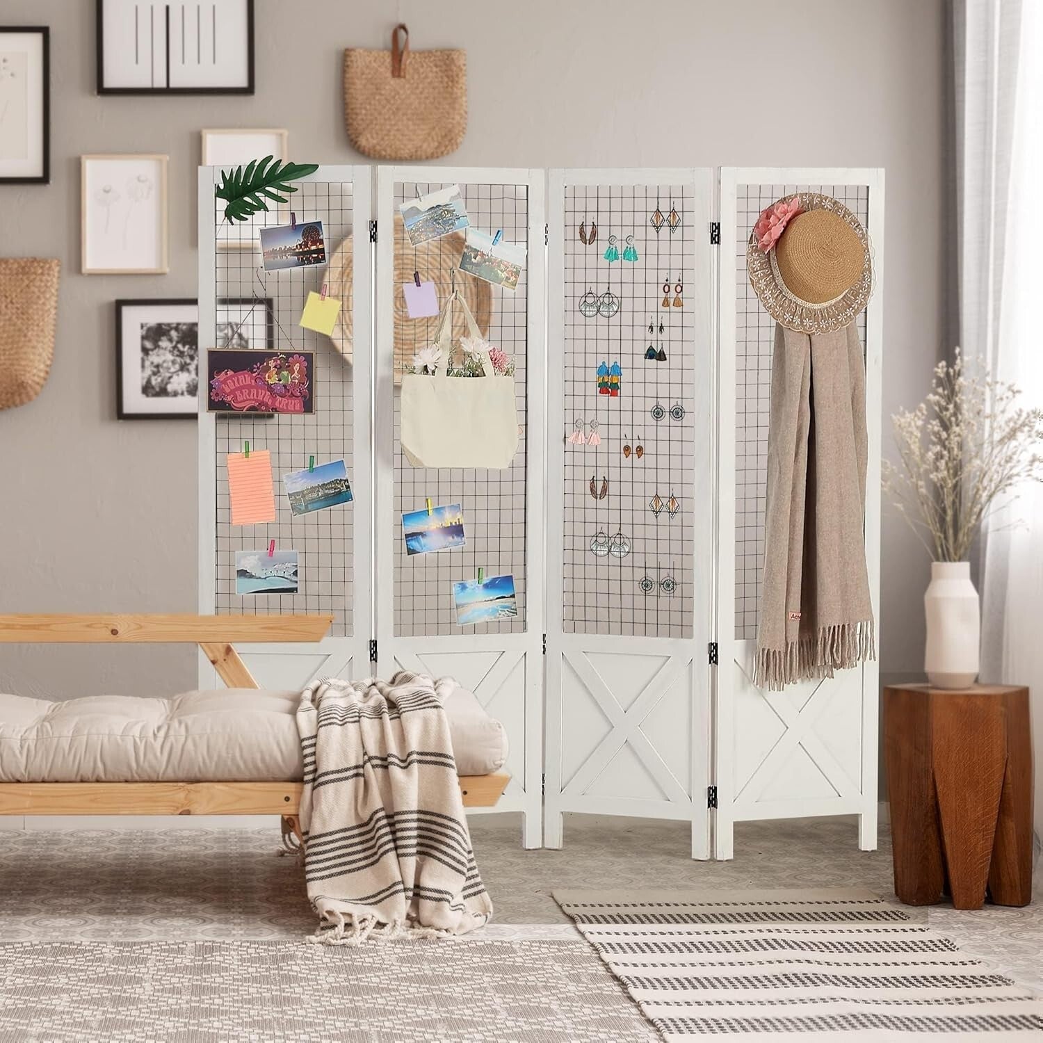 Multi-Use White Wood Room Divider & Display Board - 4 Panel Freestanding Design