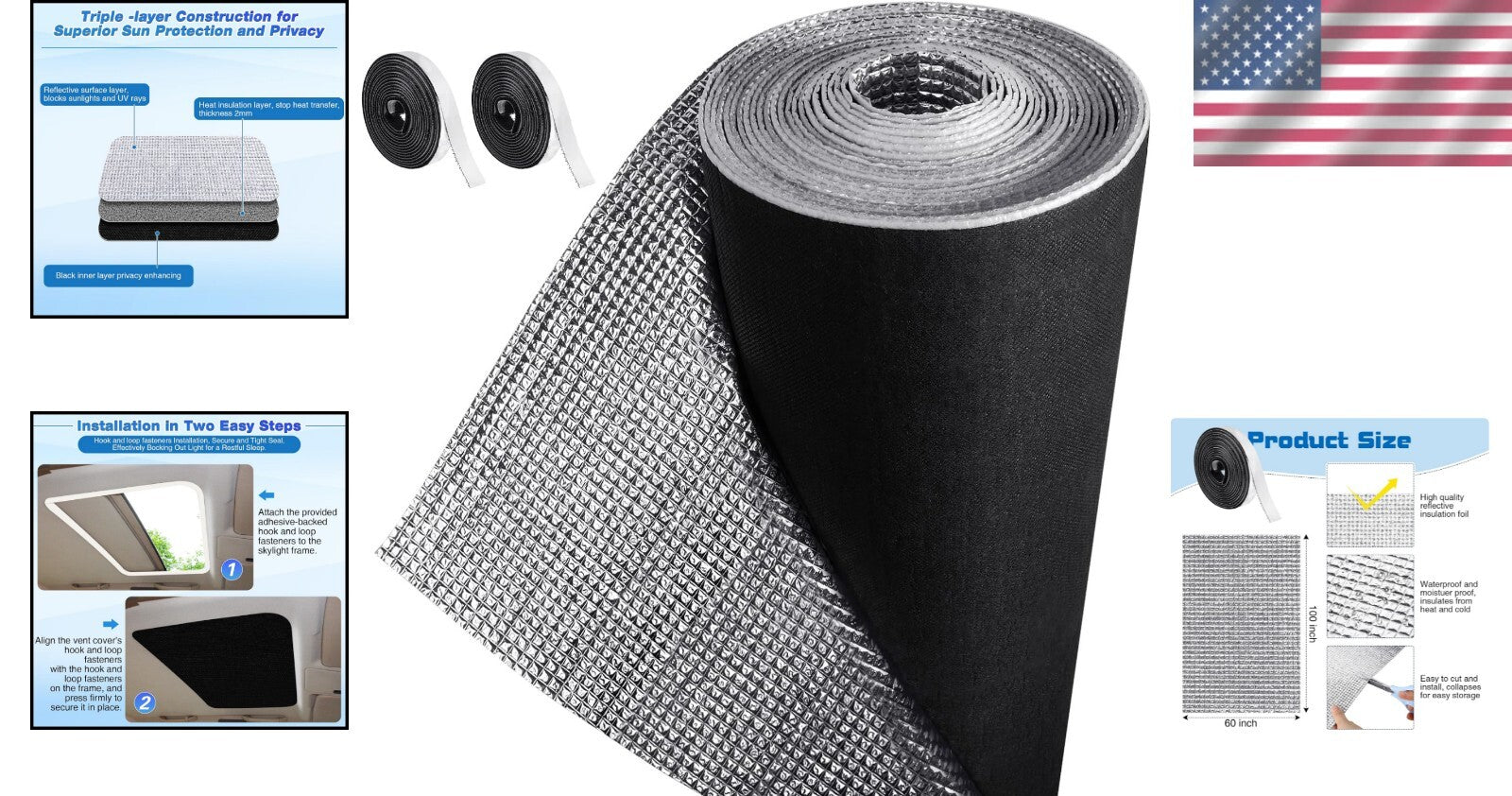 120" x 48" Blackout RV Window Shade Cover - Reflective Insulation Roll Kit