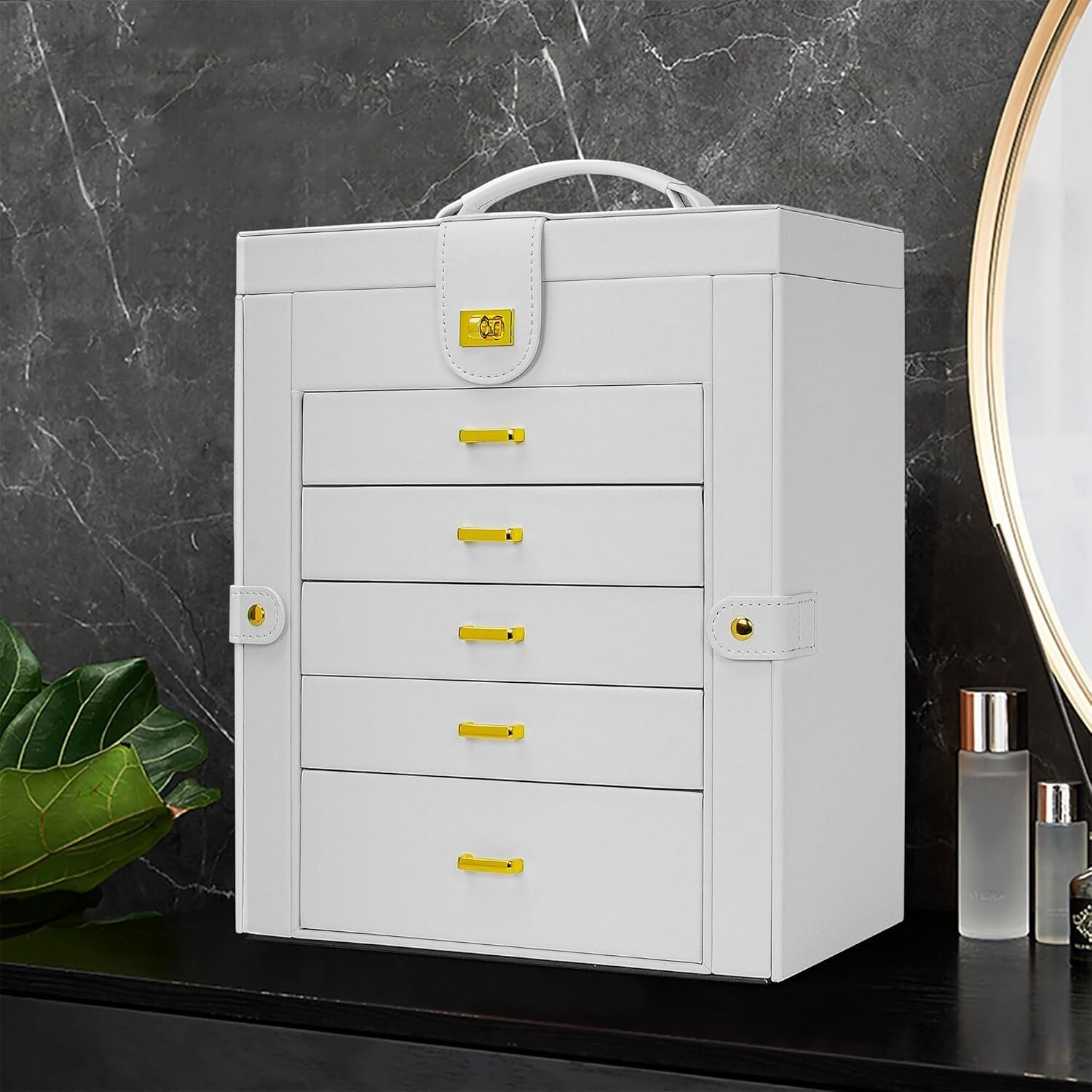 Stylish White Jewelry Box with 5 Drawers & Mirror - Ideal for Rings & Necklaces
