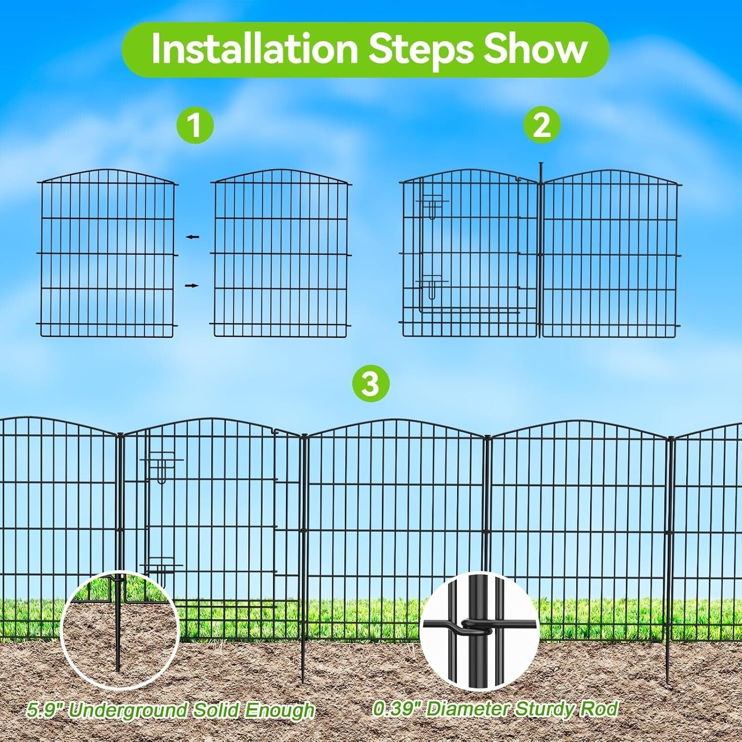 Elegant Decorative Metal Garden Fence with 12 Panels & Gate, 23.6ft L x 30in H