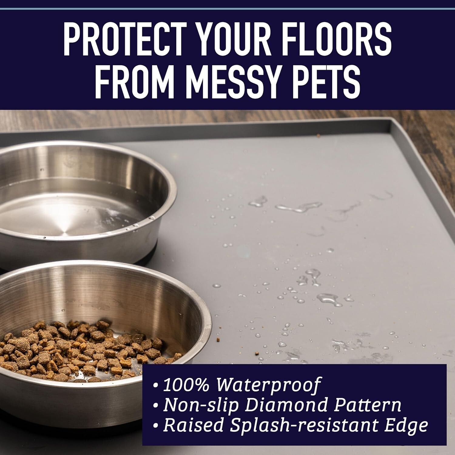 Pet Feeding Mat with Extra Tall Lip - Dishwasher Safe, Blue Diamond Design