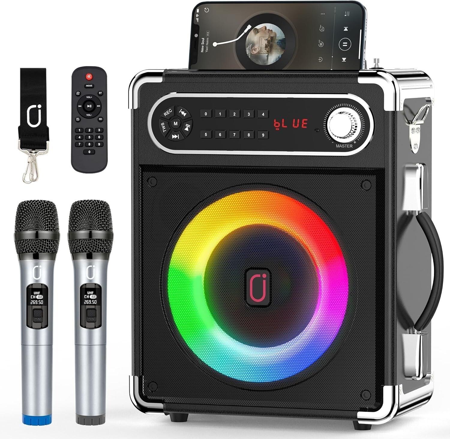 All-in-One PA System with Remote Control, Disco Lights, and Wireless Microphones