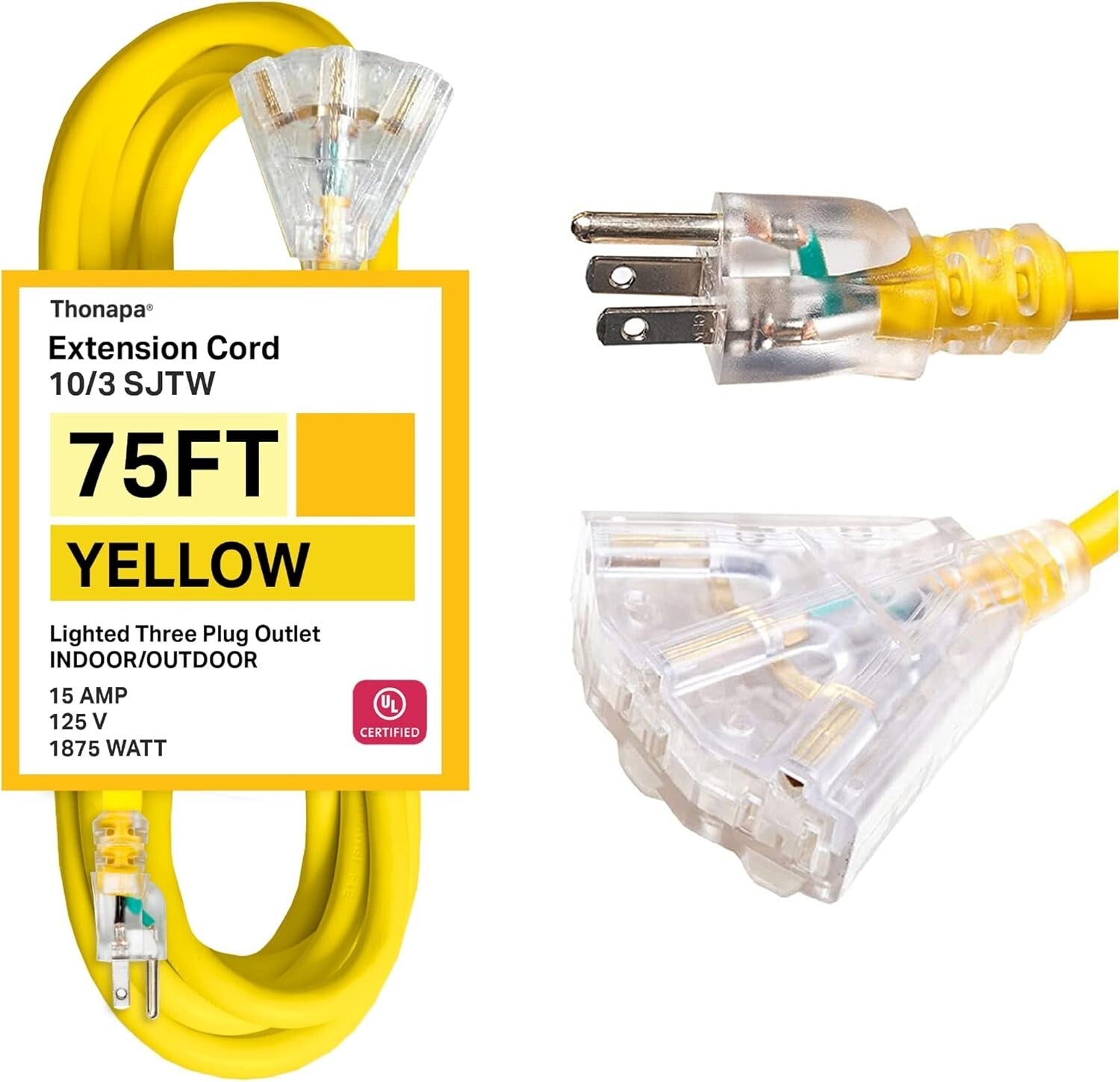 10/3 SJTW Outdoor Extension Cord 75 Ft with Lighted End - 3 Outlet Power Block