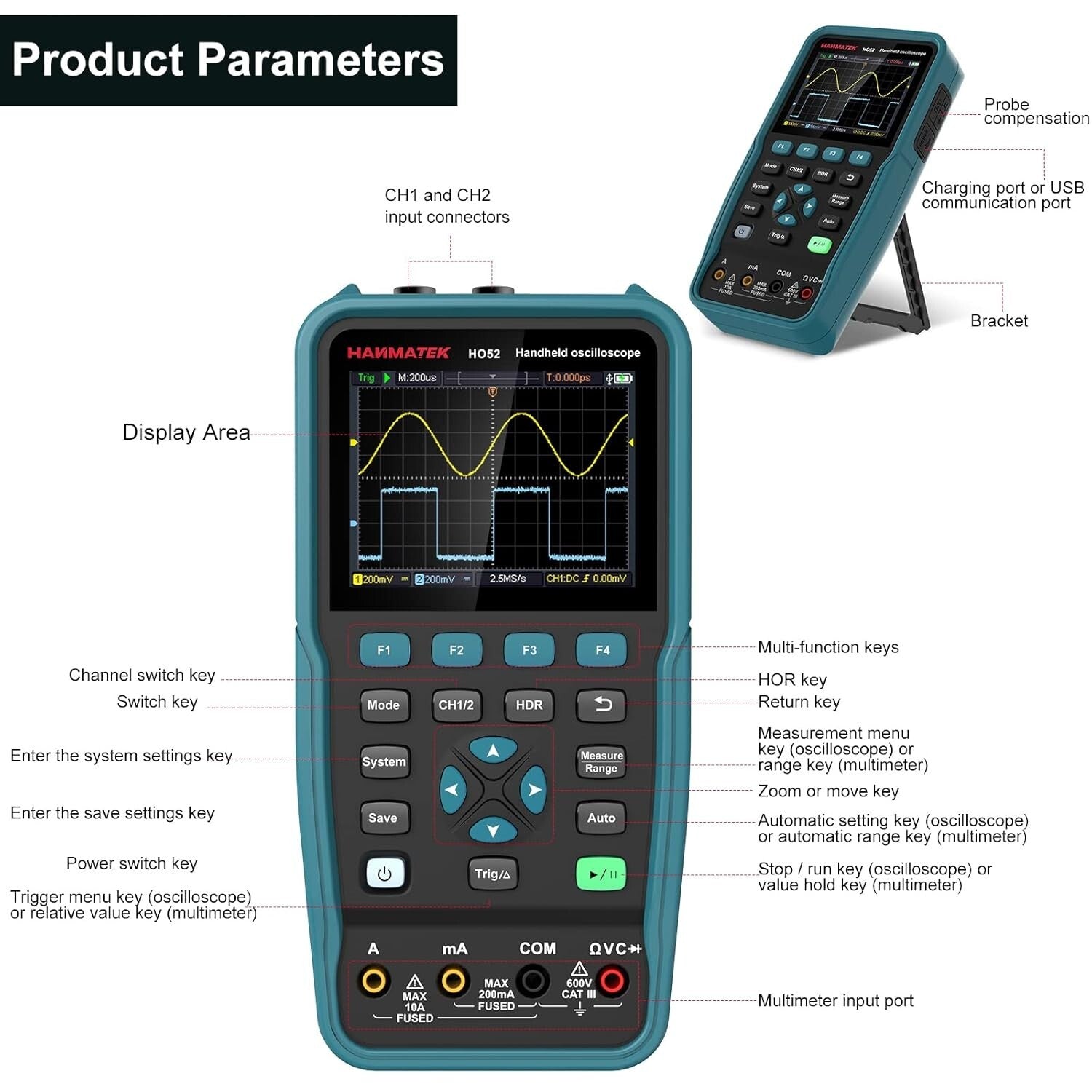 Versatile 50MHz Handheld Oscilloscope with Memory Function & Backlit TFT Display