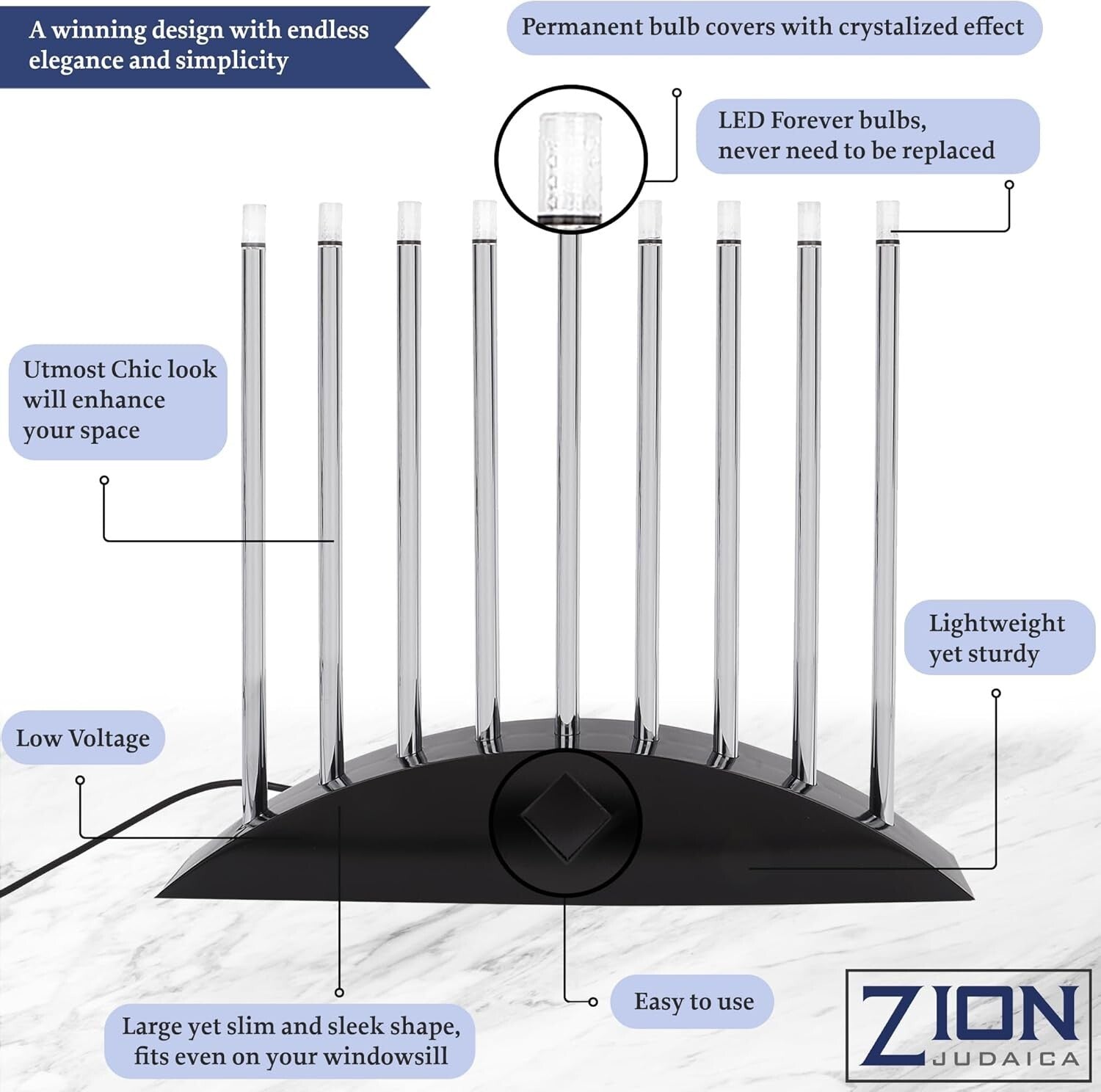 Modern Chanukah Menorah - Black & Silver LED Design with Multi-Power Options