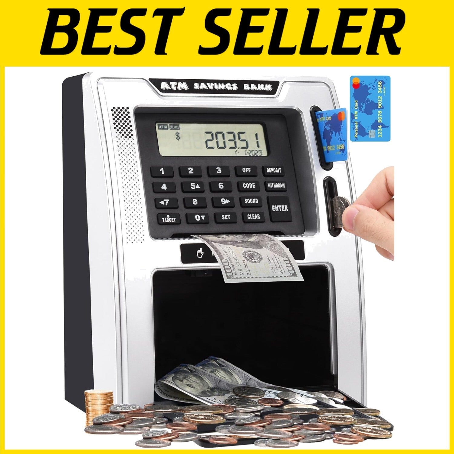 Fun ATM Piggy Bank for Kids - Auto Coin Recognition, 4-Digit PIN & Voice Prompts