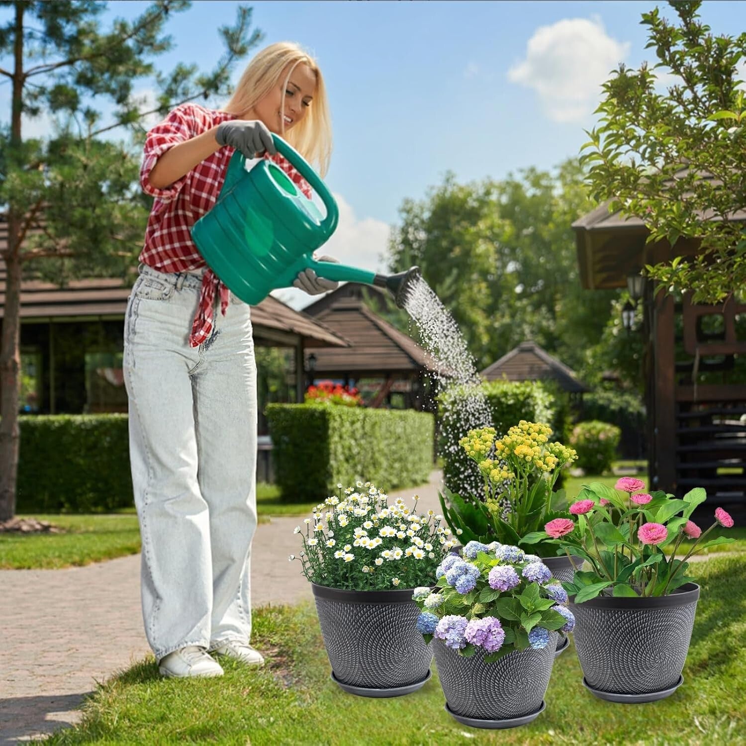 15-Inch Stylish Gray Planters with Trays - Perfect for Indoor & Outdoor Plants