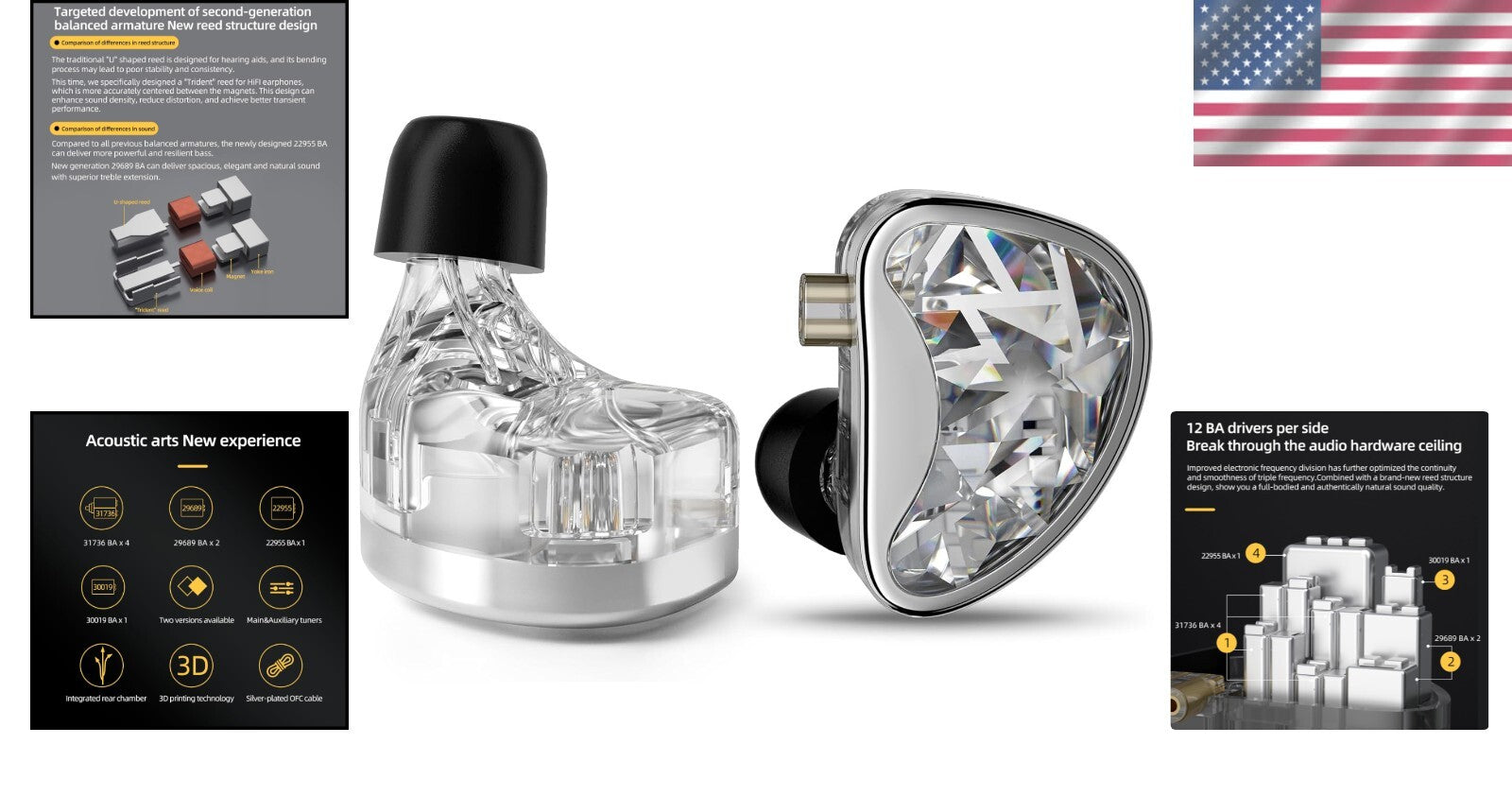 IEM Earphones with 24 Balanced Armature Drivers & Detachable Cable - HiFi Sound