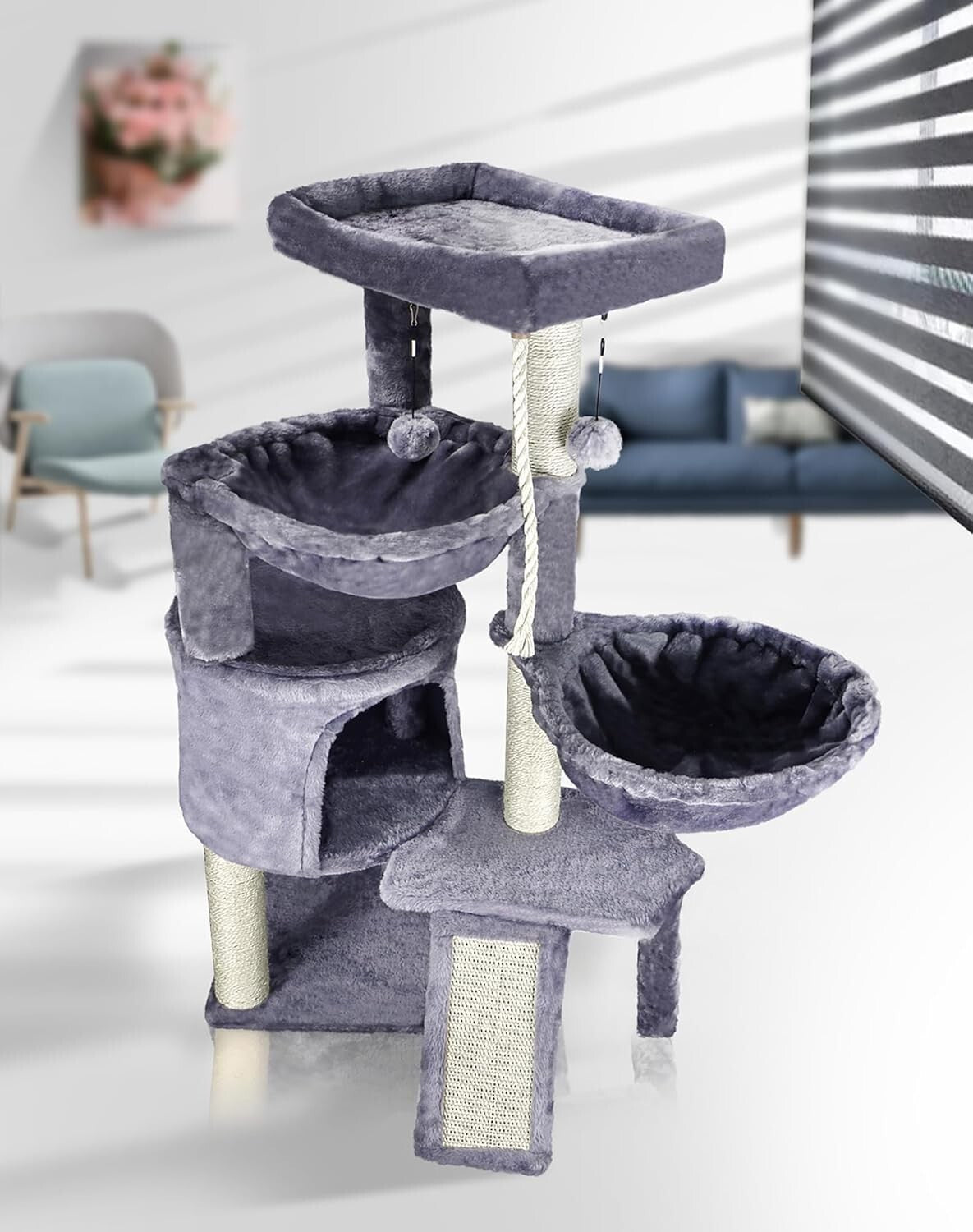 Stylish Grey Three-Level Cat Tree with Two Relaxing Hammocks & Condo Space
