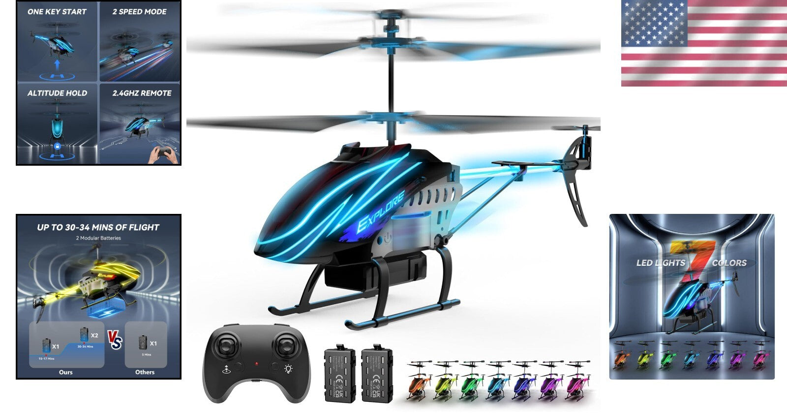 Durable RC Helicopter for Boys & Girls with 30 Mins Flight Time - LED Fun