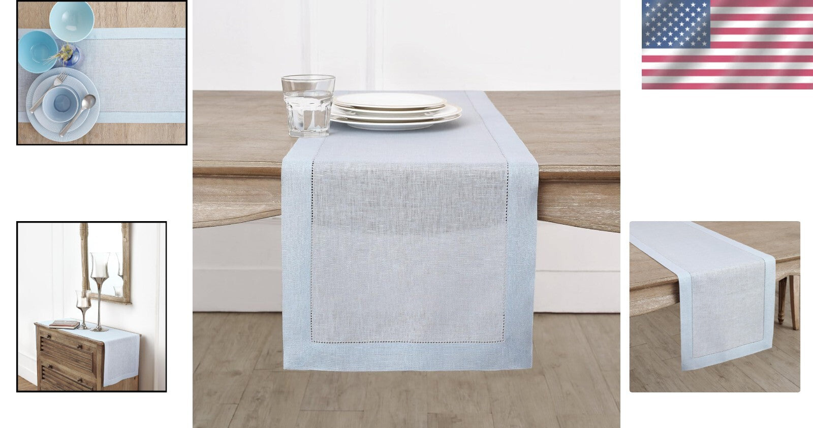Elegant Light Blue 14 x 132 Inches Pure Linen Table Runner - Classic Hemstitch