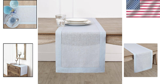 Elegant Light Blue 14 x 132 Inches Pure Linen Table Runner - Classic Hemstitch