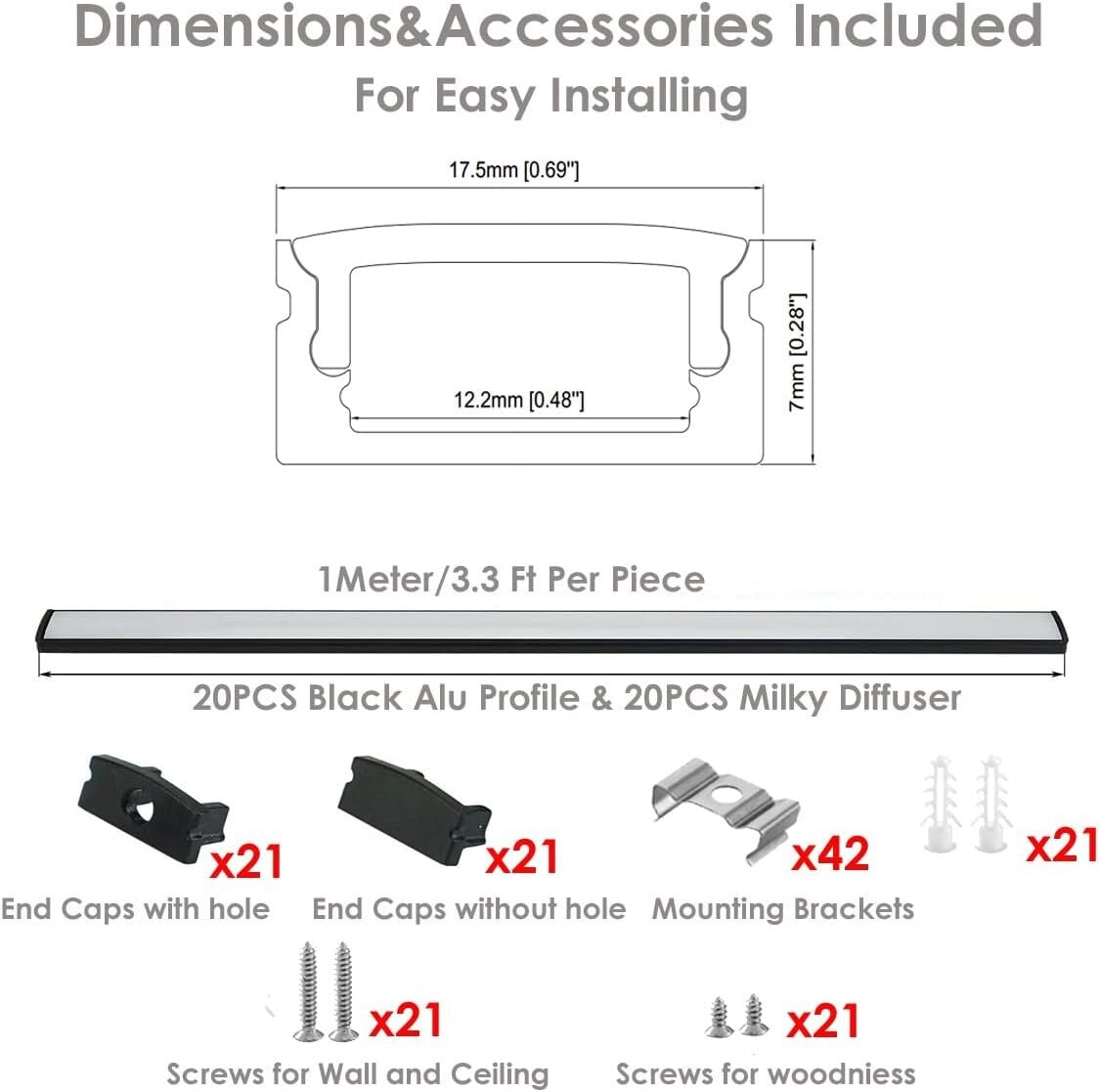 20-Pack Customizable 3.3Ft Black LED Aluminum Channels for Easy Installation