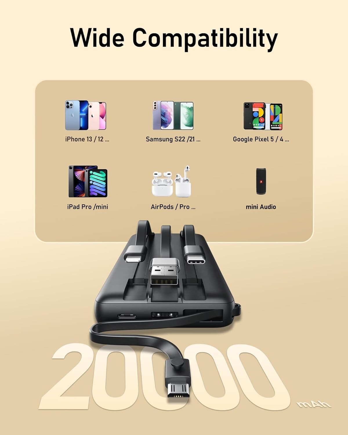 Airline Approved 20000mAh Power Bank with Built-in Cables for iPhone & Android