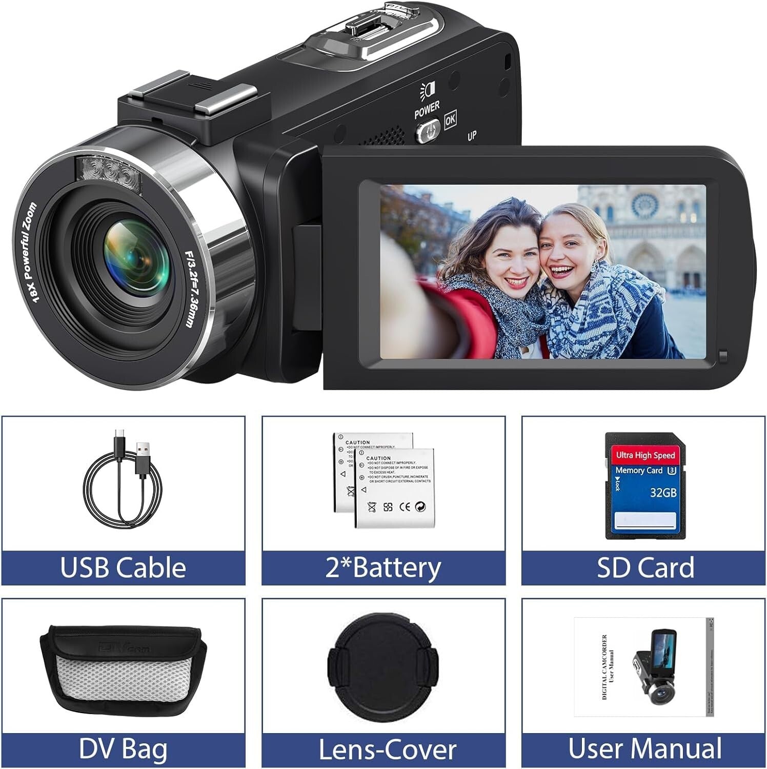 Compact 4K Video Camera with IR Night Vision & 2 Batteries for Content Creation