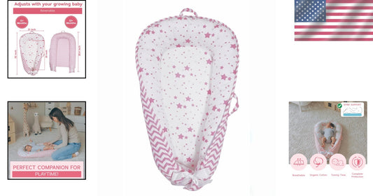 Organic Cotton Baby Nest Lounger - Reversible Adjustable Pink Star Collection