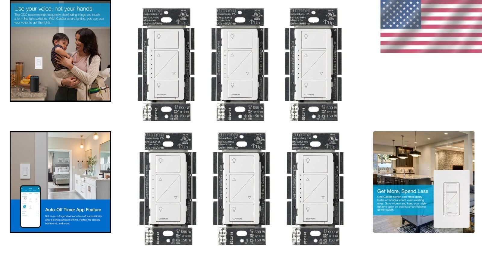 Caseta 6-Pack Smart Dimmer Switch, Voice-Controlled, Adjustable for Any Lighting