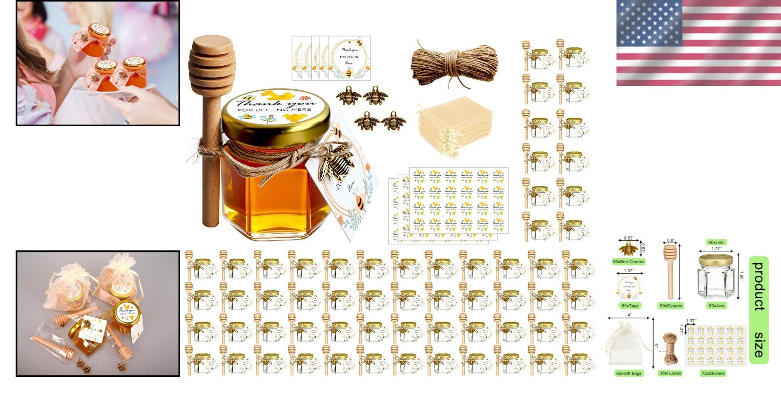 Elegant 1.5 oz Honey Jars with Gold Lids & Wood Dippers for Celebrations