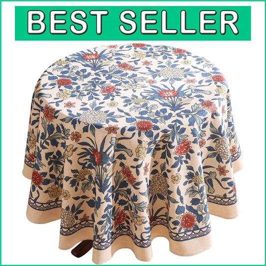 Designer Round Tablecloth with Leaves and Flowers Pattern - 55" All-Season Use