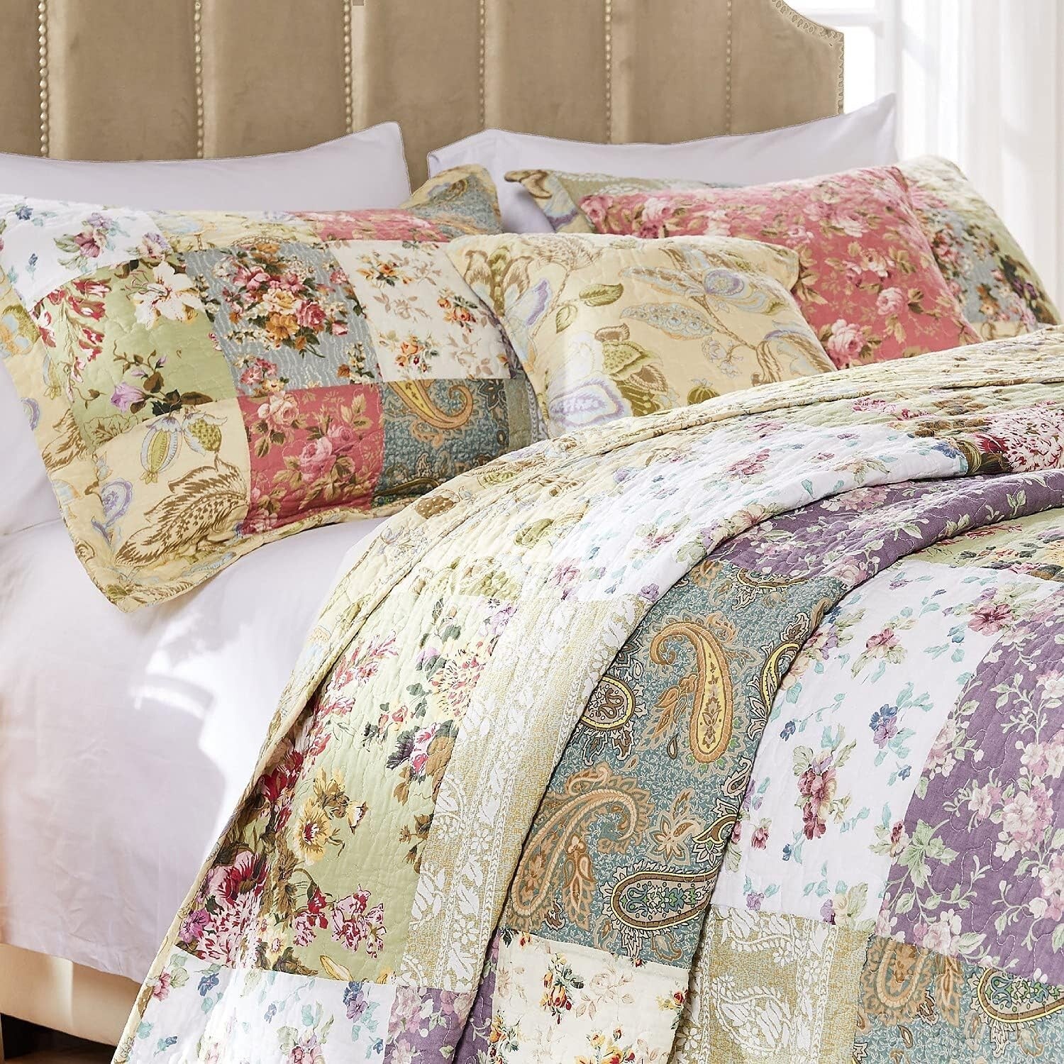 5-Piece Floral Patchwork Quilt Set, 100% Cotton - Full/Queen Reversible Luxury